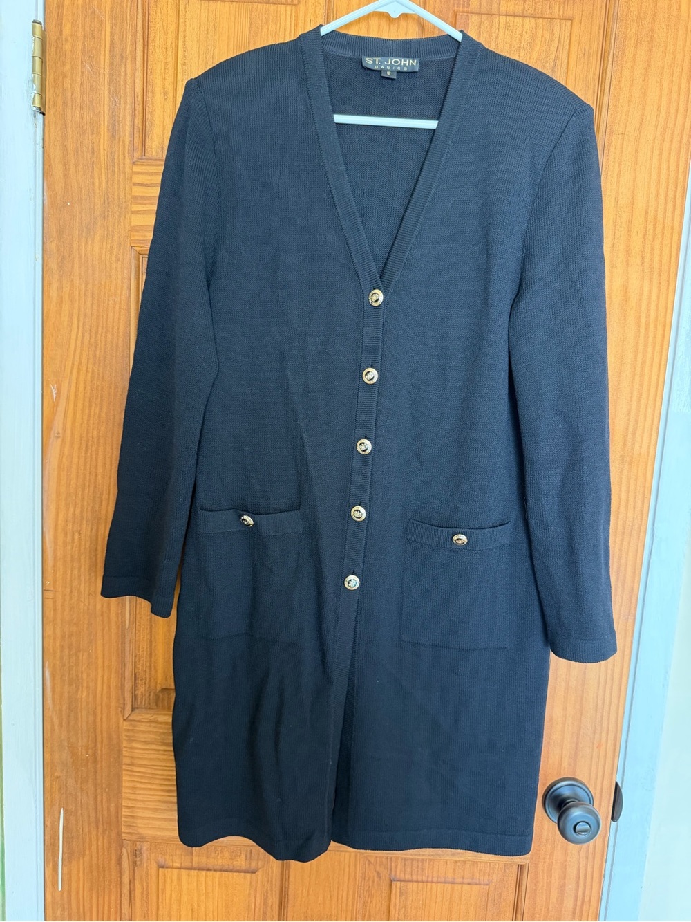 Vintage St. John Basics Black Knit Cardigan with Gold Crest Buttons